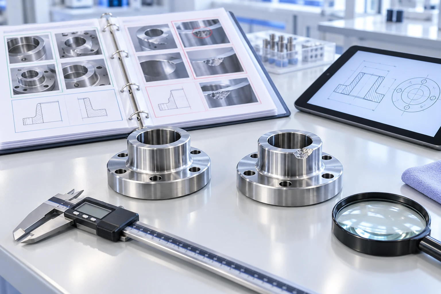 Illustrative quality inspection bench with component examples and visual guidance