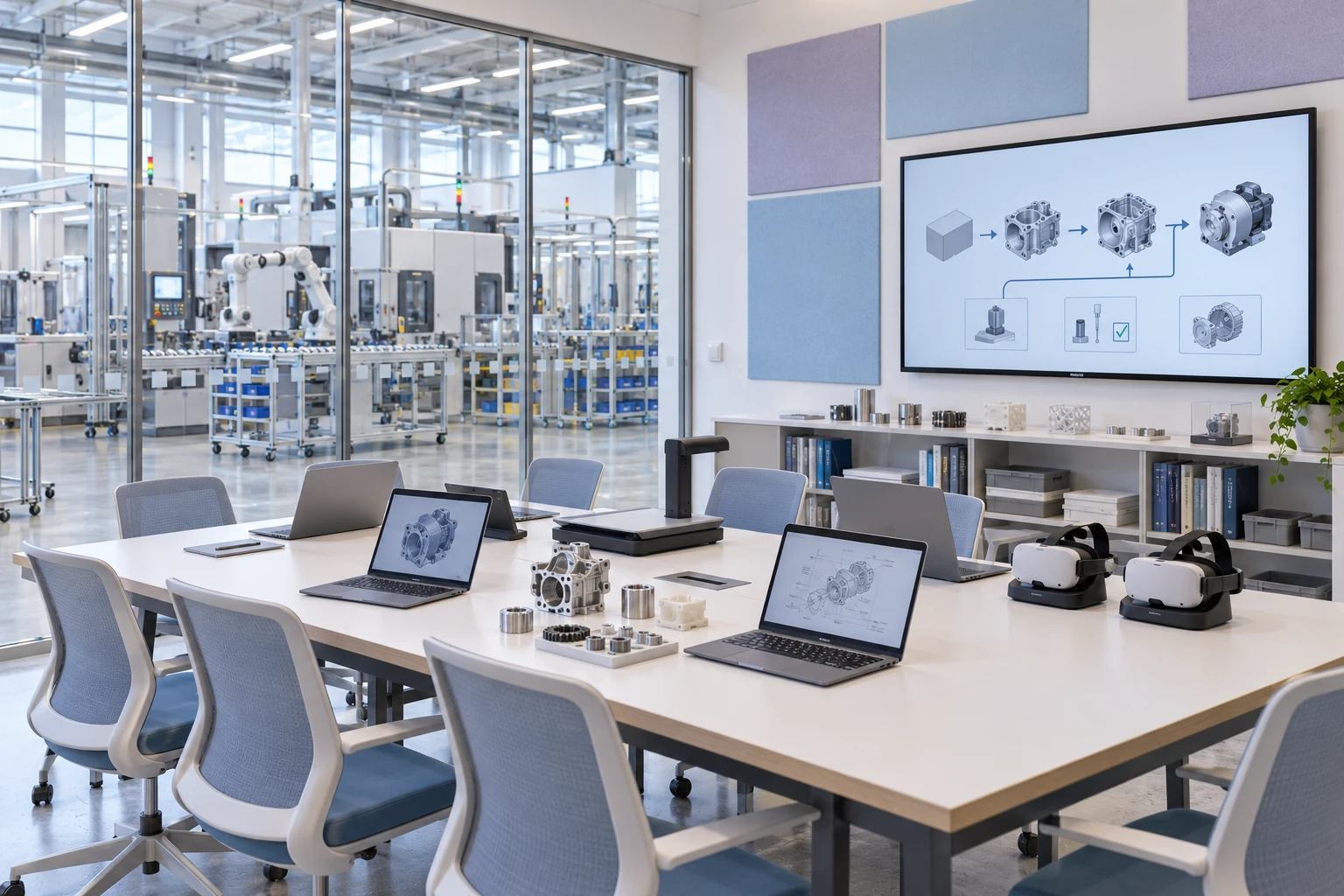 Illustrative empty factory learning room with knowledge resources and practice equipment