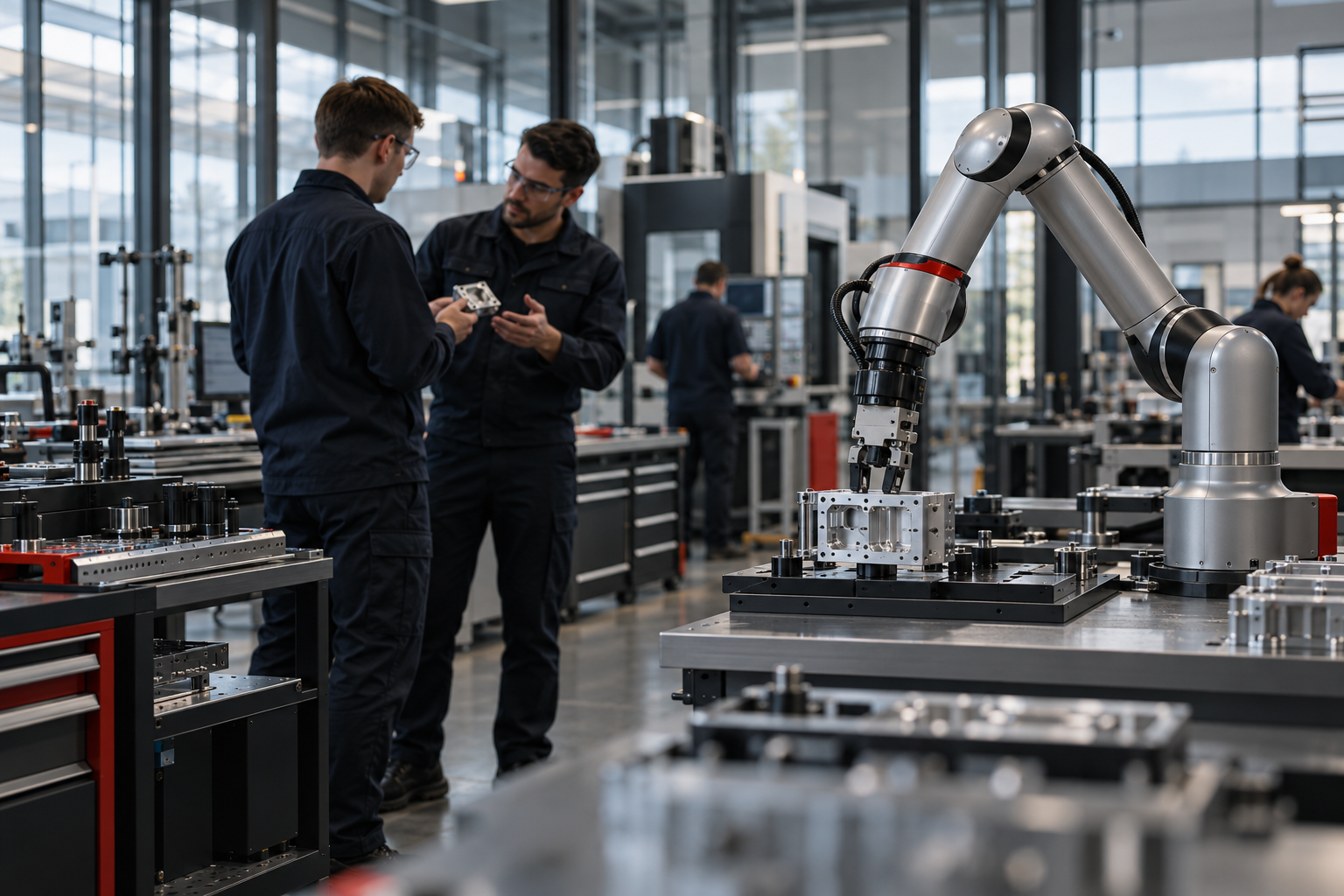 Concept illustration of technicians and a collaborative robot in a manufacturing workshop